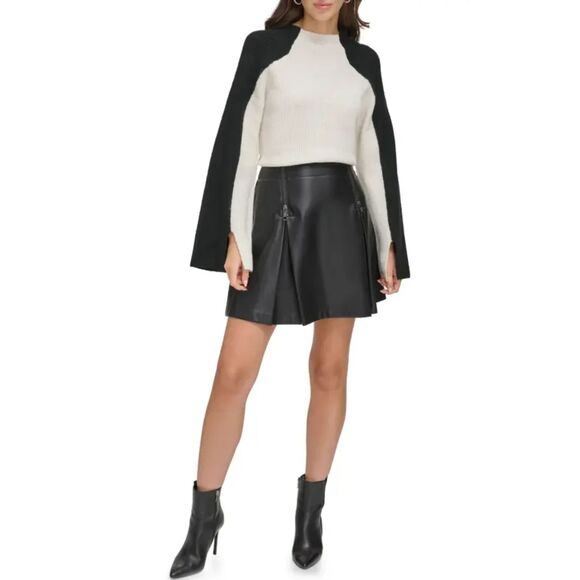 DKNY Colorblock Funnel Neck Sweater Black & Tan Fuzzy Vented Sleeves Size Medium - Picture 1 of 9